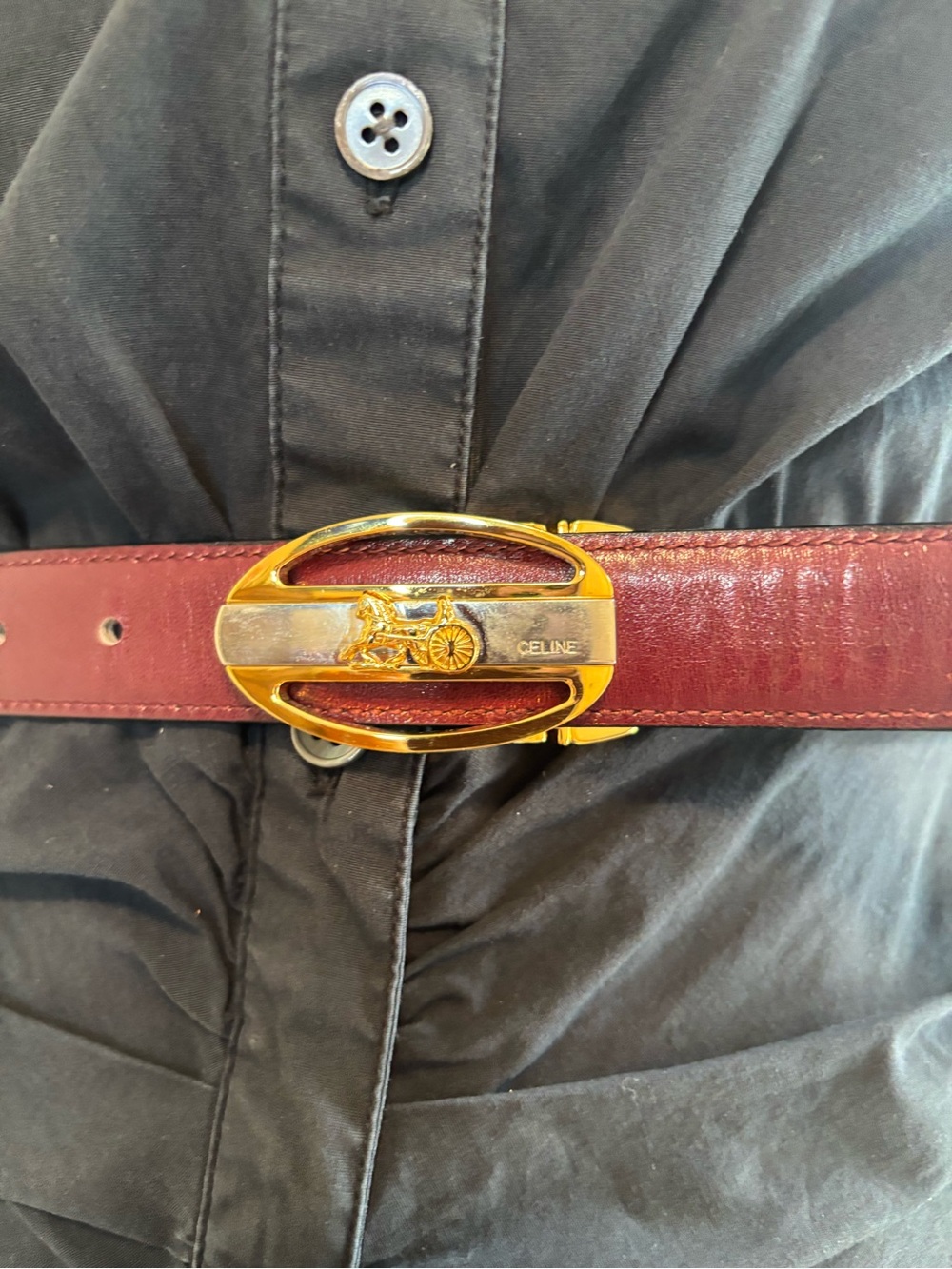 Vintage Celine Horse Carriage Reversible Leather Belt Black & Burgundy Gold